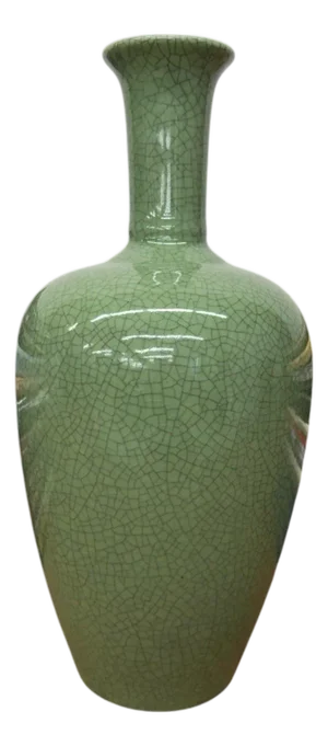 Green Crackle Ceramic Vase with Flared Opening