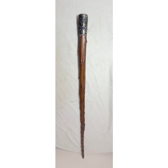 Antique 19th Century Tooled Sterling Silver Natural Wood Walking Stick Cane For Sale - Image 14 of 14