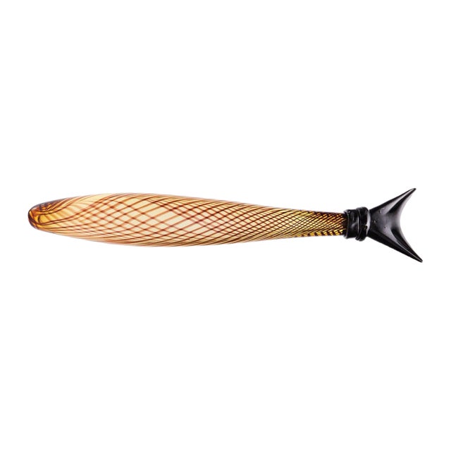 Elongated Murano Fish Sculpture in Reticello Glass, 1950 For Sale