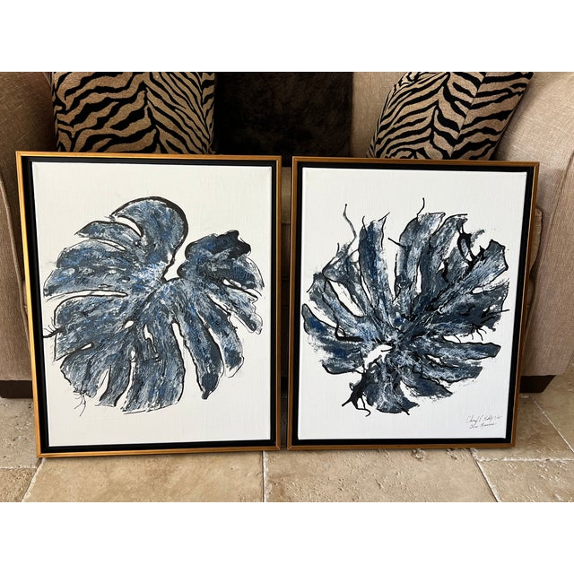 2020s Blue Monstera Duo, Designed by Cheryl P Kohkoff, Framed- Set of 2 For Sale - Image 5 of 6