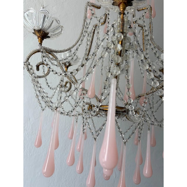 French Pink Opaline Murano Drops Rock Crystal Swags Chandelier, Circa 1920French Pink Opaline Murano Drops Rock Crystal Swags Chandelier, Circa 1920 For Sale - Image 9 of 13