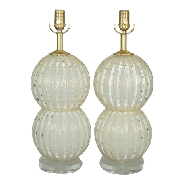 Murano Glass Sphere Lamps White Gold For Sale - Image 10 of 10