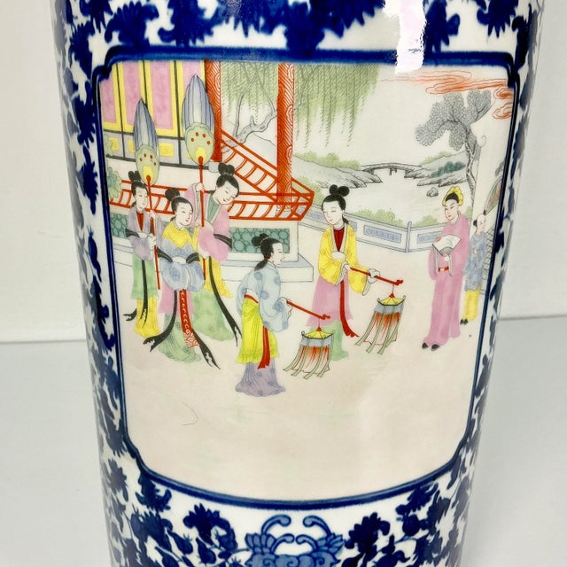 April Showers…Antique Chinoiserie Hollywood Regency Flow Blue Porcelain Umbrella Stand. For Sale - Image 11 of 13