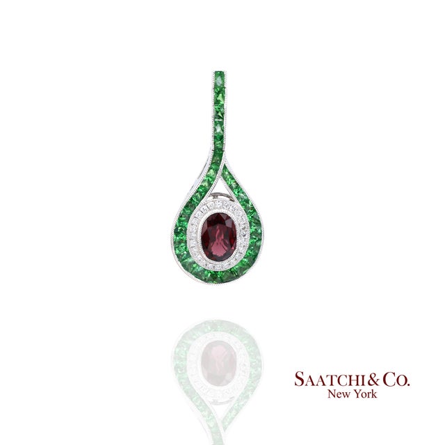 Platinum 950 Dangling Natural Ruby Emerald and Diamond Earring - Set of 2 For Sale In New York - Image 6 of 13