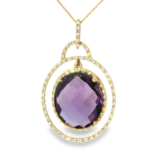 Elevate your jewelry collection with this exquisite 14K Yellow Gold Amethyst Diamond Pendant Necklace. At its center lies...