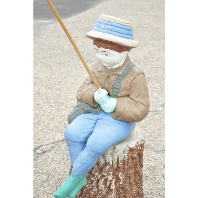 Vtg Concrete Boy Fishing Seated on Tree Stump Garden Statue Ornament