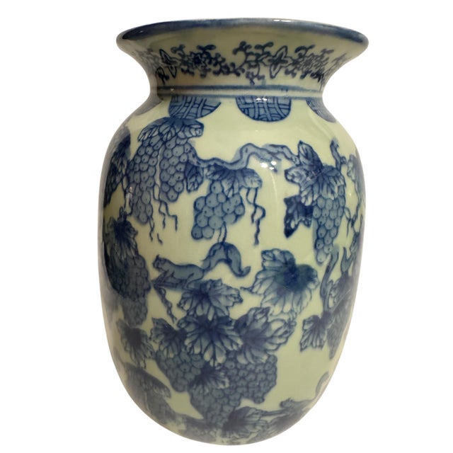 Japanese Vintage Porcelain Vase Blue and White Grape and Vine Motif For Sale - Image 3 of 7