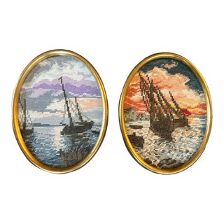 Two 1940’s Original Nautical Needlepoints in Gold Leaf Frame - Set of Two For Sale