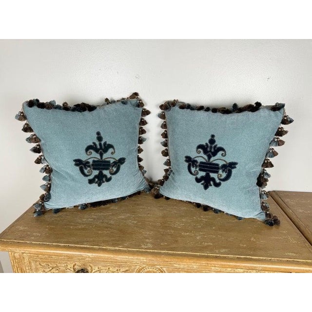 A sophisticated pair of decorative pillows designed by Melissa Levinson, showcasing authentic 19th century velvet...