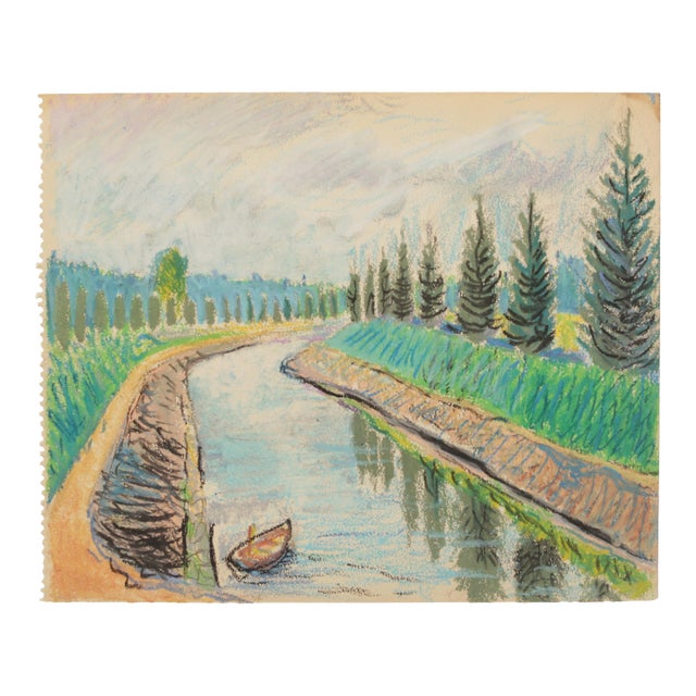 1950s Mid-Century Swedish Folk Art Original Oil Pastel Painting, Canal With a Rowboat and Greenery For Sale