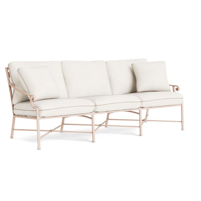 Brown Jordan Venetian Sofa in Blush with Sea Salt and Dusty Pink Welt Cushions For Sale