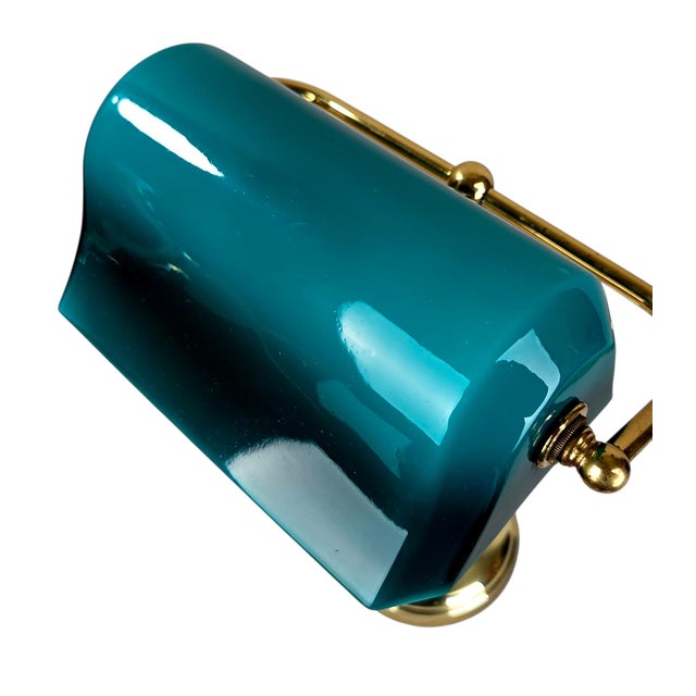 1970s Mid-Century Modern Art Deco Brass and Teal Glass Banker's Desk Lamp For Sale - Image 17 of 18