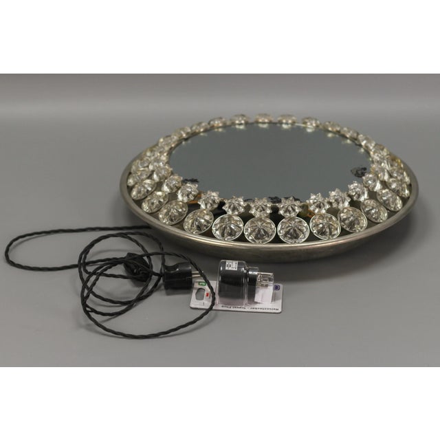 Round Mid-Century Modern Backlit Metal Wall Mirror with Crystal Glass Flowers For Sale - Image 17 of 18