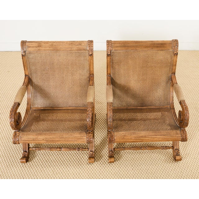 Brown Pair of British Colonial Style Carved Caned Plantation Chairs For Sale - Image 8 of 12