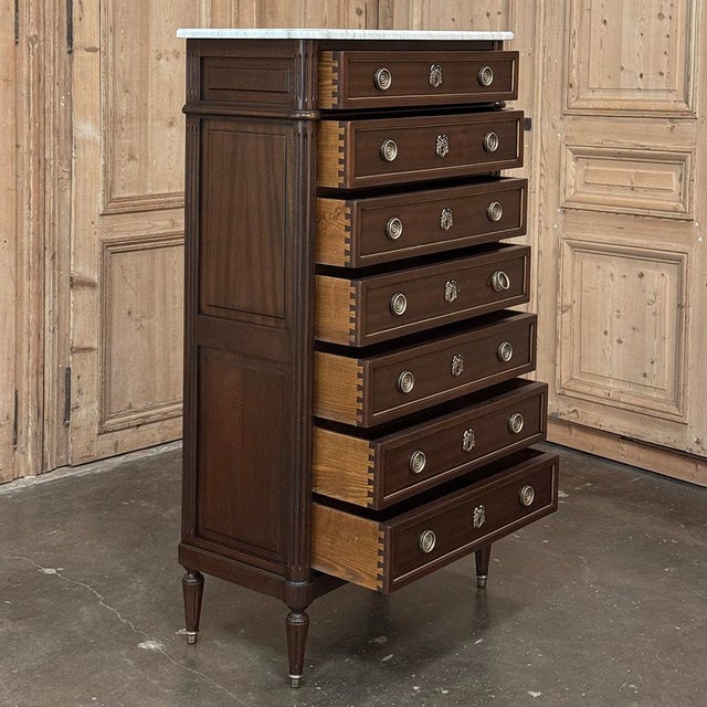 19th Century Louis XVI Mahogany Carrara Marble Top Semainier ~ Tall Chest of Drawers For Sale - Image 16 of 18
