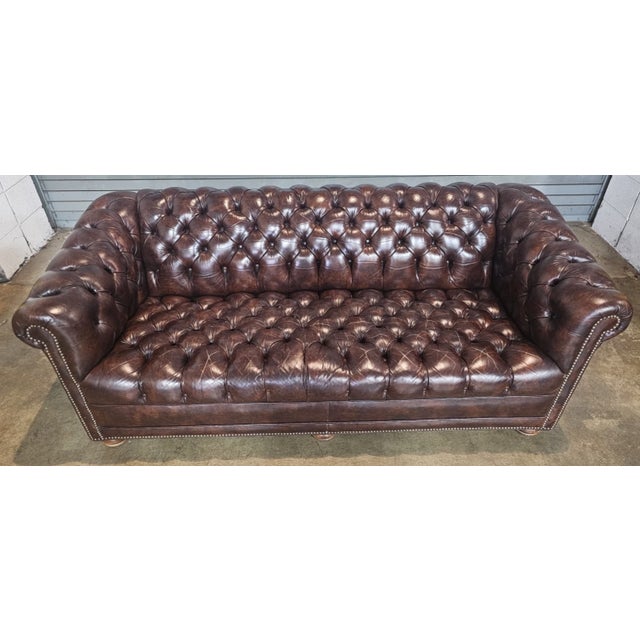 Late 20th Century Late 20th Century Classic Chesterfield Brown Top Grain Leather Tufted Leather Sofa Nail Head Trim For Sale - Image 5 of 11