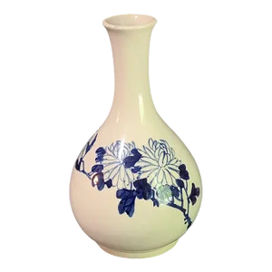 Mid 20th Century Vintage Pottery Vase Hand Painted Blue Floral Made in Korea Marked