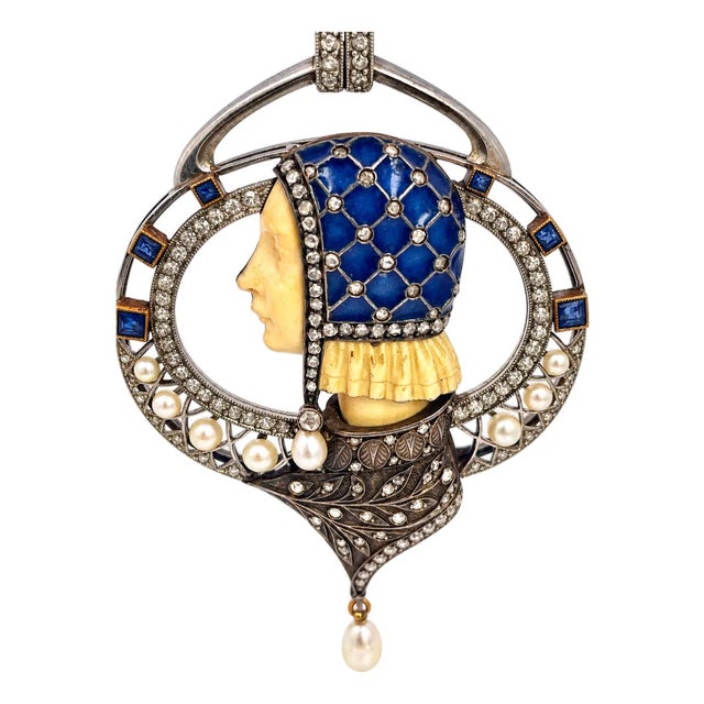 1910s Masriera Art Nouveau Pendant Necklace in 18k Gold, Platinum & Diamonds For Sale