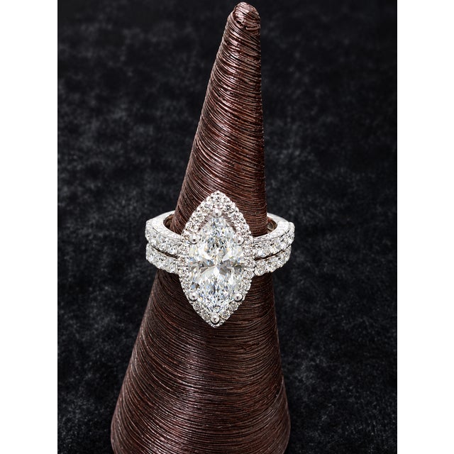 Modern 14k White Gold 8-1/2 CTTW Lab-Grown Marquise Diamond Halo Ring, Size 5, 2 Pieces For Sale - Image 3 of 4