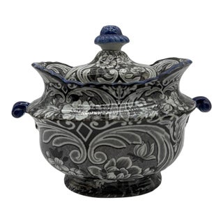Antique Salopian-Type Black Transferware Covered Sugar Bowl, Staffordshire, Circa 1820s For Sale