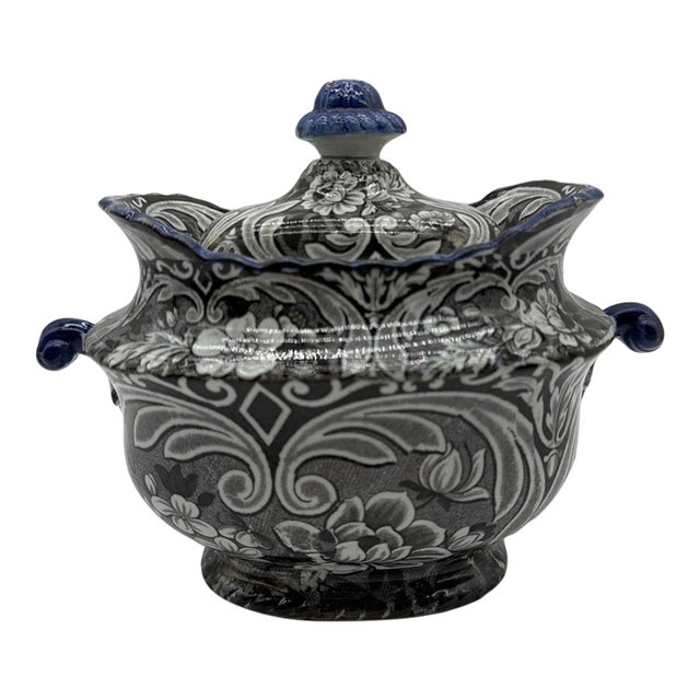 Antique Salopian-Type Black Transferware Covered Sugar Bowl, Staffordshire, Circa 1820s For Sale