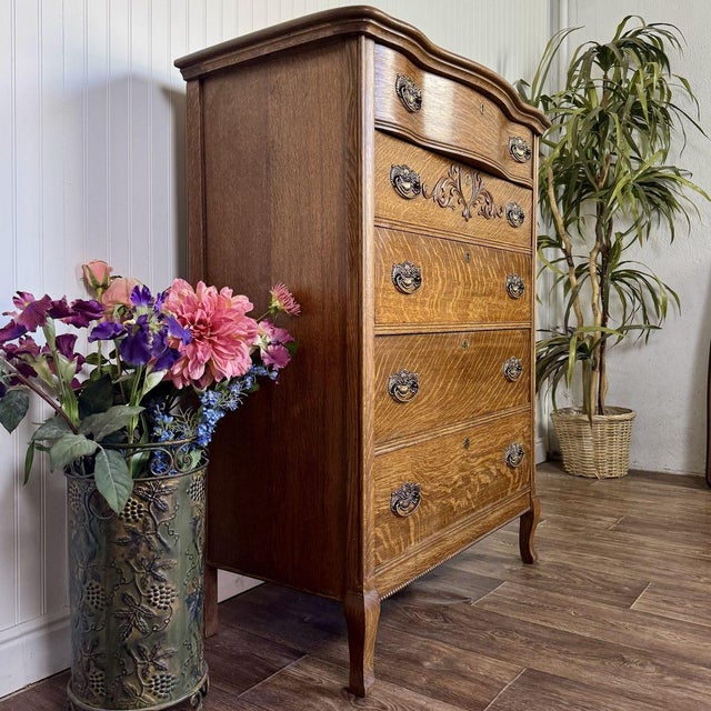 Antique Tiger Oak Serpentine 5-Drawer Dresser For Sale - Image 9 of 13