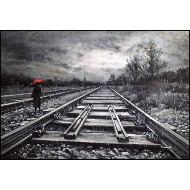 Figurative "Crimson Tracks" Contemporary Figurative Landscape Oil Painting by Paul Guy Gantner, Framed For Sale - Image 3 of 8