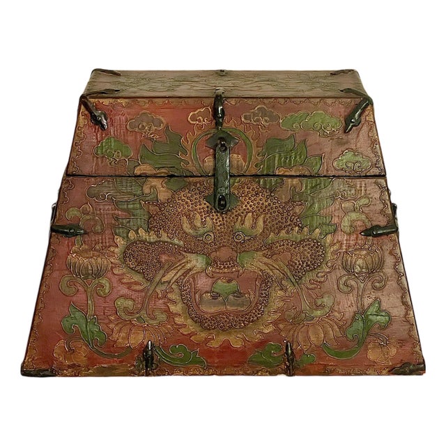 Large Certified Antique Red Lacquer Chinese Trapezoid Dragon & Cloud Box / Iron Bound Wood Chest With Original Iron Fittings For Sale