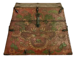 Large Certified Antique Red Lacquer Chinese Trapezoid Dragon & Cloud Box / Iron Bound Wood Chest With Original Iron Fittings