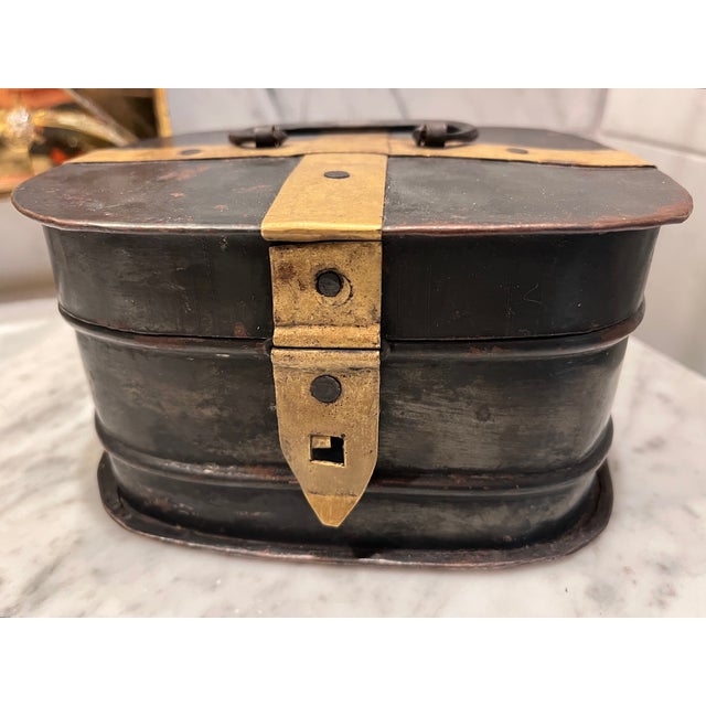 Antique Metal Box With Brass Accents For Sale - Image 12 of 14