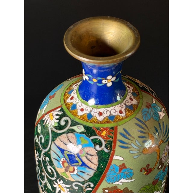 Antique Japanese Meiji Cloisonné Vase - Phoenix & Aventurine Goldstone, 7" For Sale - Image 4 of 7