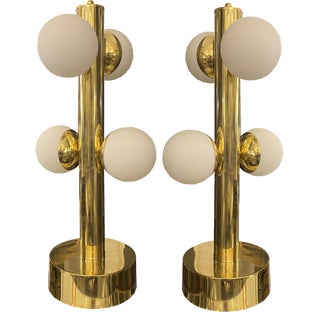 Golden Lamps with White Spheres, Set of 2 For Sale
