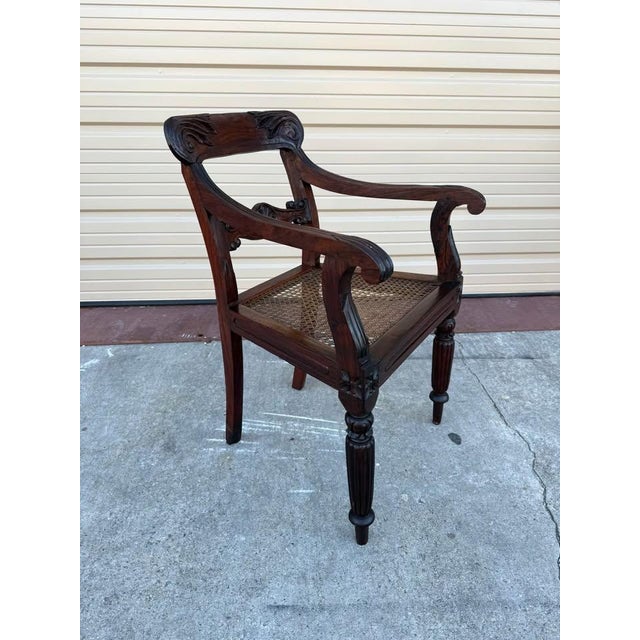 19th Century Antique English Regency Style Solid Rosewood Carved Hand Cane Seat Armchair. For Sale - Image 4 of 10