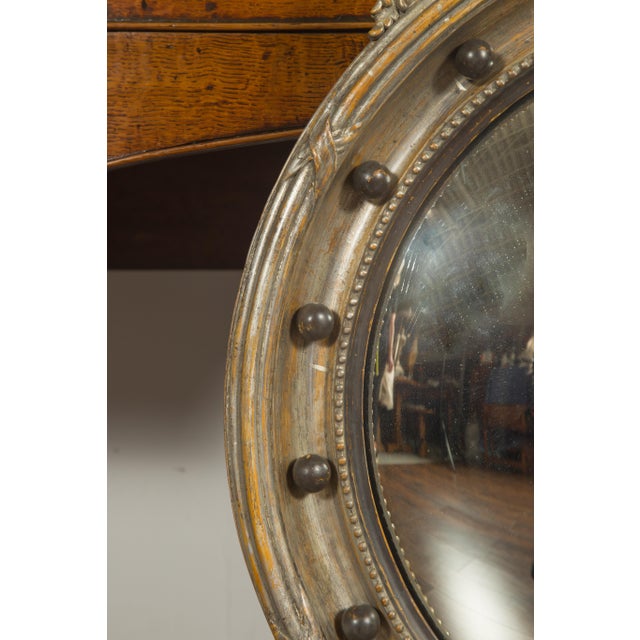 English English 1900s Silver Leaf Convex Girandole Bullseye Mirror with Eagle Motif For Sale - Image 3 of 12