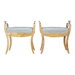 English Turn of the Century Birch Stools with Curving Arms and Saber Legs - A Pair