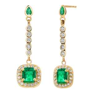 14k Yellow Gold High Jeweled Long Emerald and Diamond Accents Earrings - 2 Pieces