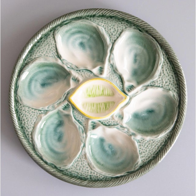 Ceramic Antique French Saint Clément Majolica Blue Green & Yellow Lemon Wedge Oyster Plate For Sale - Image 7 of 7