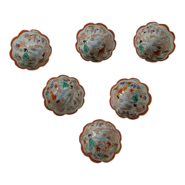 Antique Meiji / Taisho Era Japanese Porcelain Footed Nut & Dipping Bowls — Set of 6 For Sale