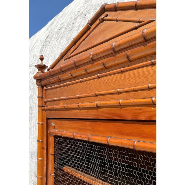 Vintage Coastal Carved Bamboo Wire Front Armoire For Sale - Image 9 of 11