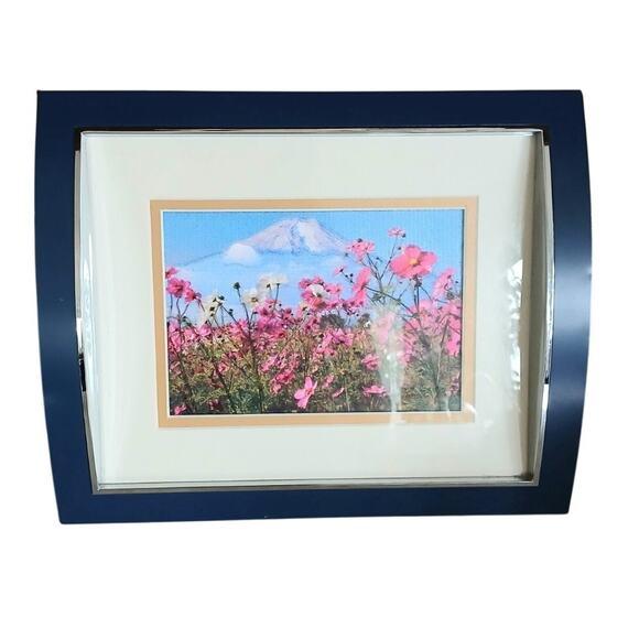 1970s MCM 3D Foil Art Deco Diorama Scene Mt Fuji Pink Cosmos Flower Concave Blue Frame For Sale - Image 17 of 17