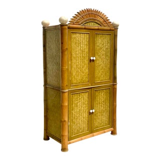Vintage Coastal Split Bamboo Armoire For Sale