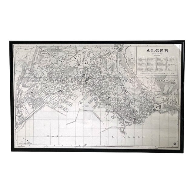 Vintage Map of Algiers in Wood and Glass Frame, 1950s For Sale