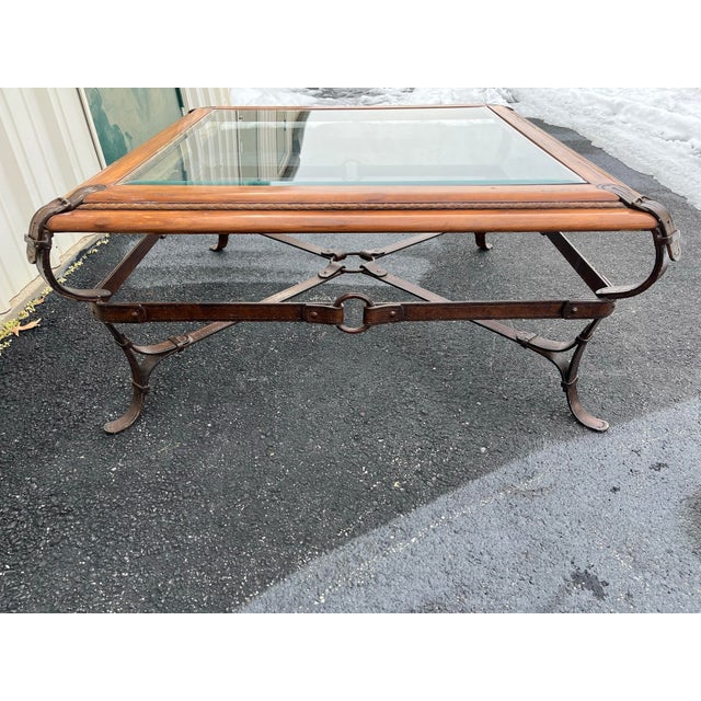 Adnet Hermes Forged Faux Leather Strap Equestrian Coffee Table For Sale - Image 10 of 12