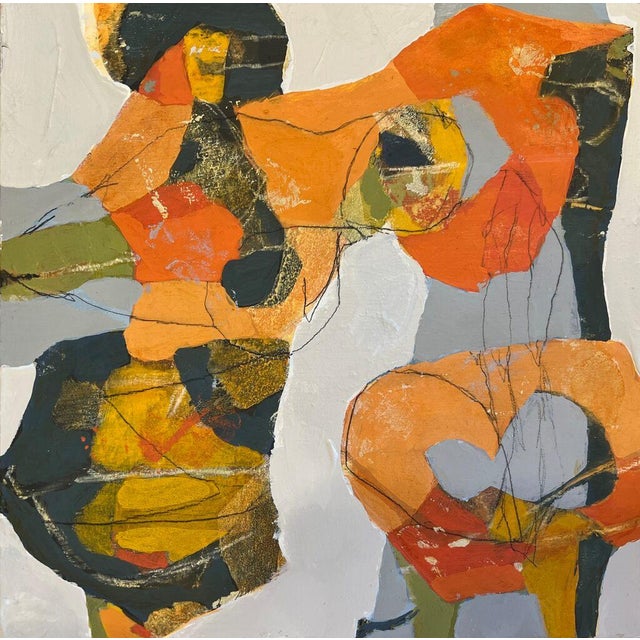 Bright orange, charcoal and olive forms loop around a pale gray ground, with scratched pencil lines tracing the shapes...