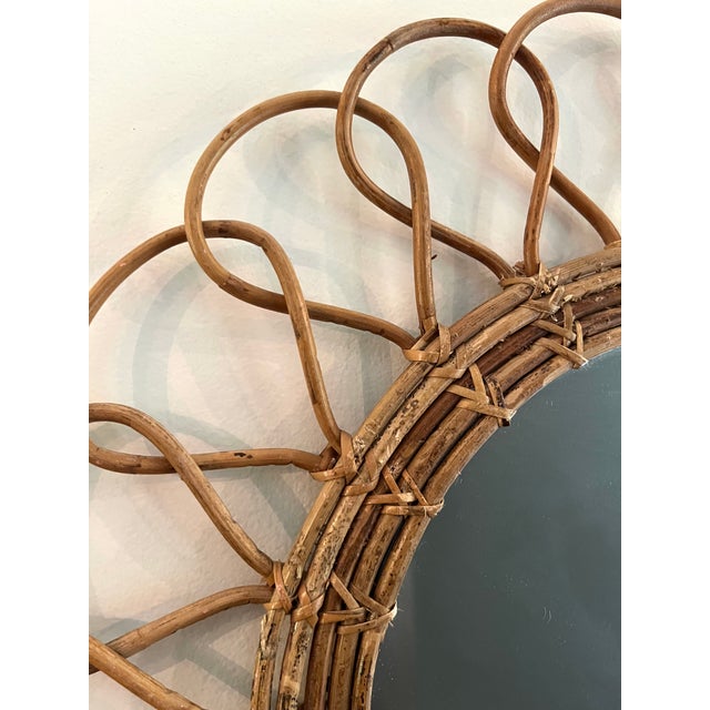 Wood Vintage Rattan Sunburst Mirror | 21” Boho Coastal Wall Mirror For Sale - Image 7 of 11