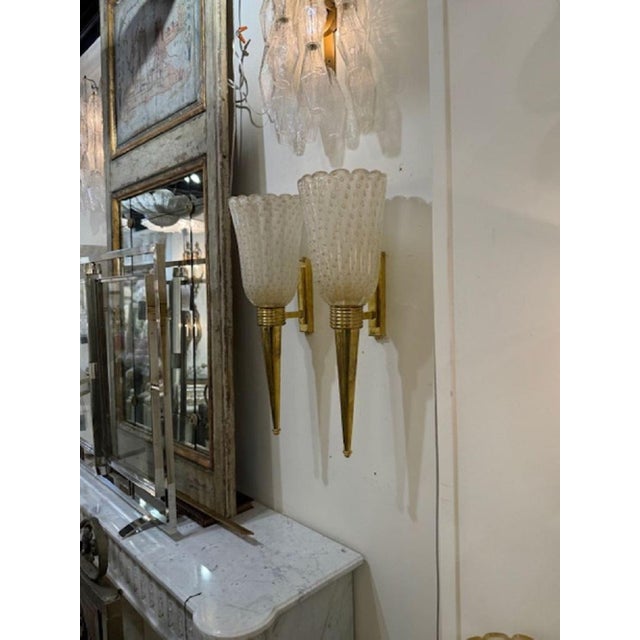 Modern Pair of Modern Brass and Murano Glass Cone Form Sconces For Sale - Image 3 of 6