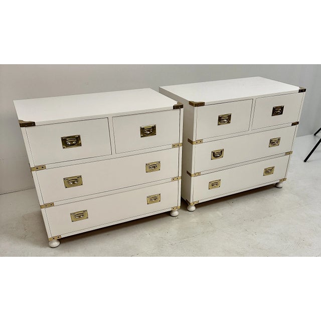 Very fine campaign style chests with solid brass hardware. Newly lacquered in BM White Dove, satin finish. These chests...