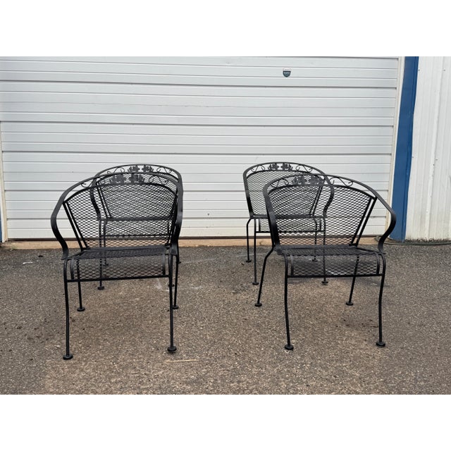 Black Vintage Woodard Style Outdoor Wrought Iron Arm Chairs – Set of 4 For Sale - Image 8 of 12
