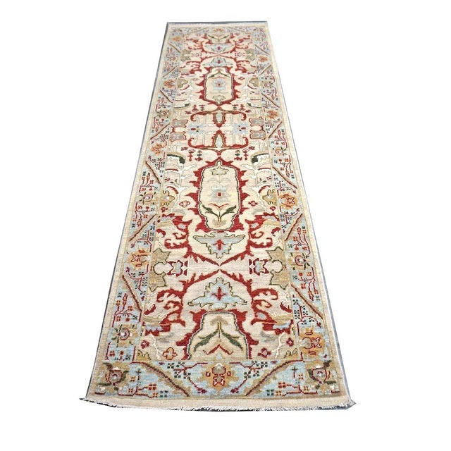 Islamic 21st Century Afghan Sultanabad 3x10 Tan, Red & Light Blue Handmade Runner Rug #1144042 For Sale - Image 3 of 6