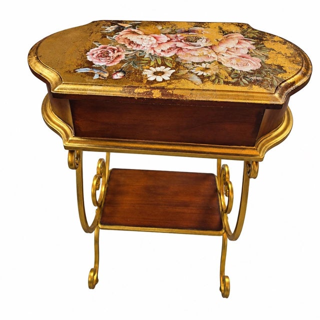 Gold One-of-a-Kind Vintage Accent Table With 18k Gold Foil, Hand-Painted Floral & Bird Motif For Sale - Image 8 of 10